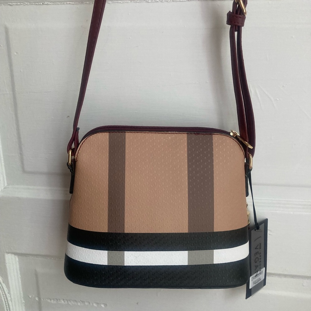 Burgundy and Multicolor Plaid Vegan Leather Crossbody Bag - Picture 7 of 16